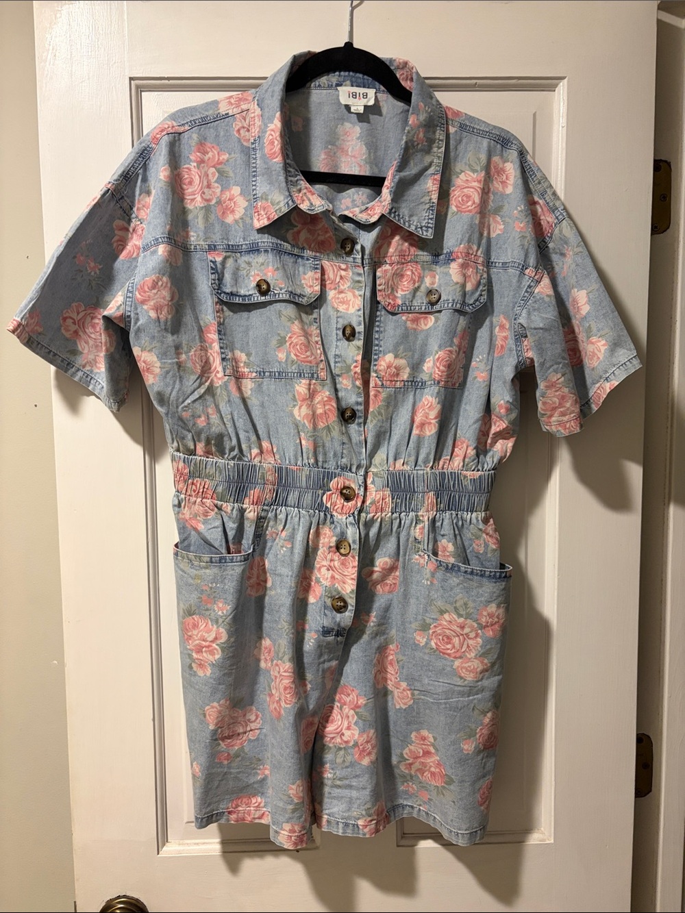 BiBi Light Blue Denim Romper with Pink Rose Print